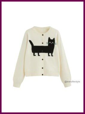 Cropped Cat Graphic Long Sleeve Button Crewneck Cardigan Sweater